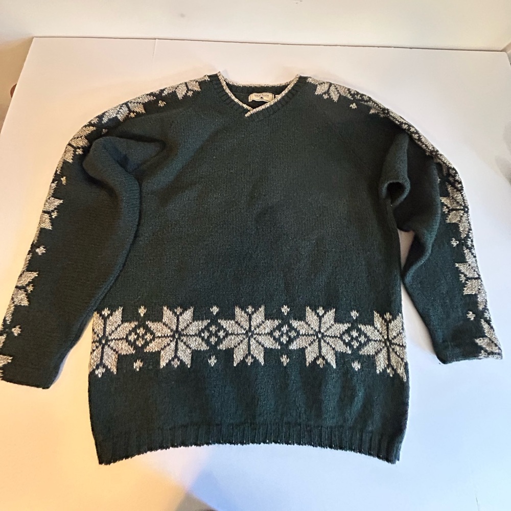 Men's Dark Green Fair Isle Wool Blend V‑Neck Sweater